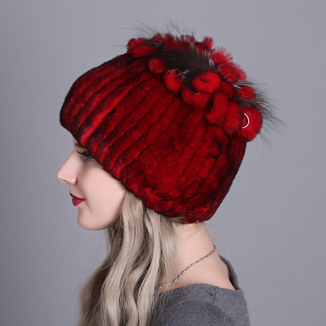 Rex Rabbit Fur Woven Female Models Leather Warm Thickening Colorful Knit Hat