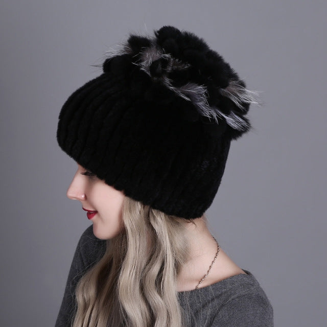 Rex Rabbit Fur Woven Female Models Leather Warm Thickening Colorful Knit Hat