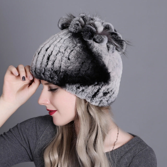 Rex Rabbit Fur Woven Female Models Leather Warm Thickening Colorful Knit Hat