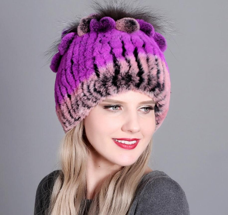 Rex Rabbit Fur Woven Female Models Leather Warm Thickening Colorful Knit Hat