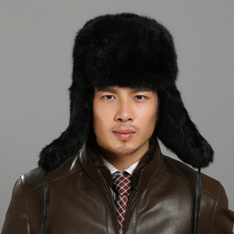 Autumn and Winter Thick Warm Rabbit Fur Bomber Hat Flight Hat for Men
