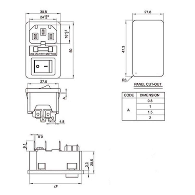 Three Pins Power Socket with Safety Switch Socket, 10 PCS AC-01