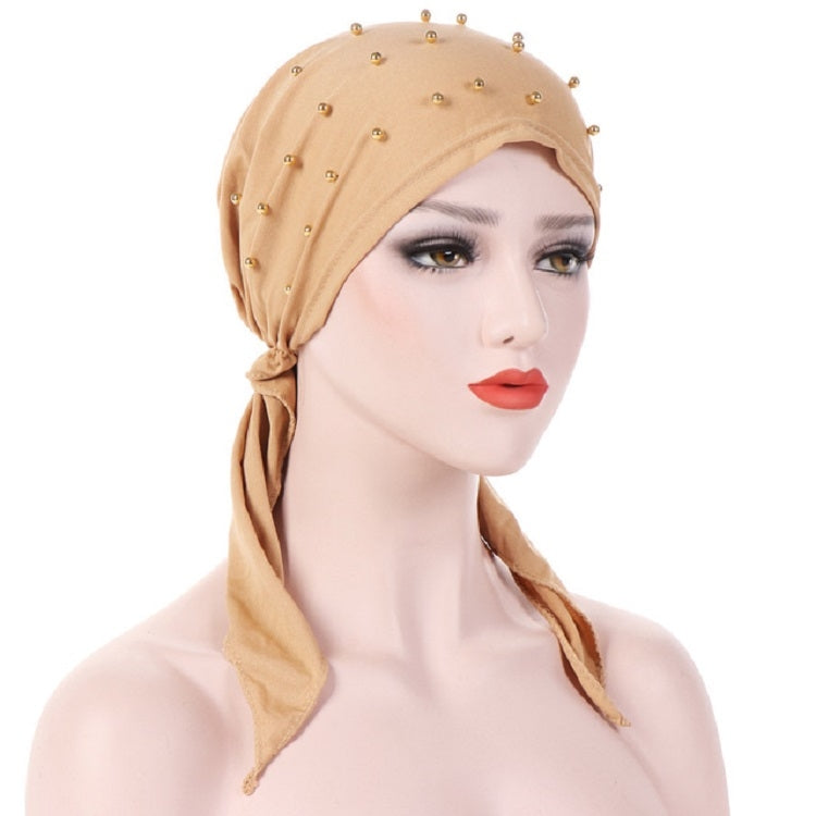 Women Pure Color Beaded Stretch Turban Hat Wrap Hat
