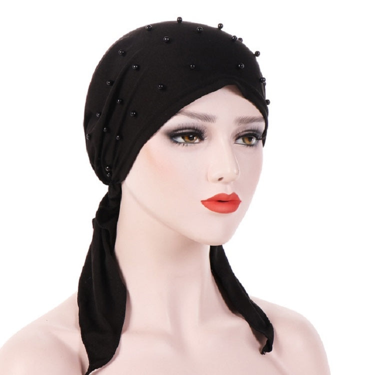 Women Pure Color Beaded Stretch Turban Hat Wrap Hat — Rose Red