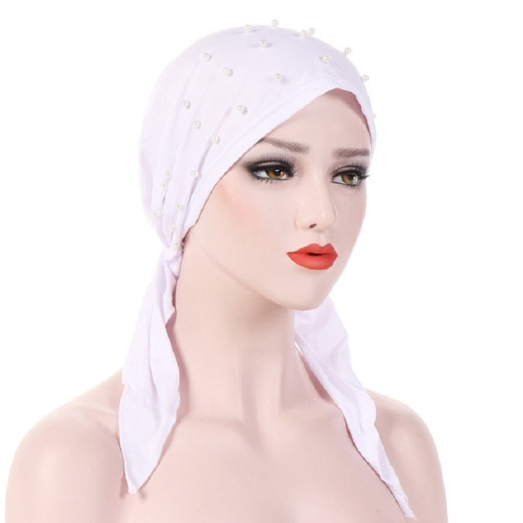 Women Pure Color Beaded Stretch Turban Hat Wrap Hat — Mint Green