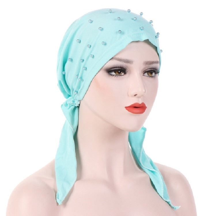 Women Pure Color Beaded Stretch Turban Hat Wrap Hat — Navy