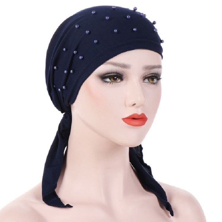 Women Pure Color Beaded Stretch Turban Hat Wrap Hat — view 11
