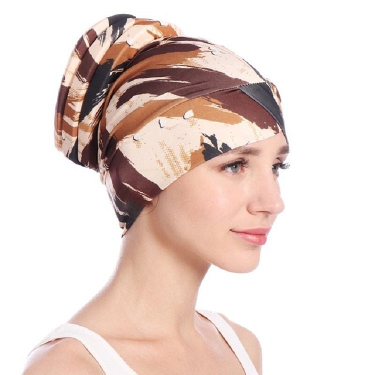 Floral Turban Hat Cotton Back Plate Hair Wrap Cap — Black + White