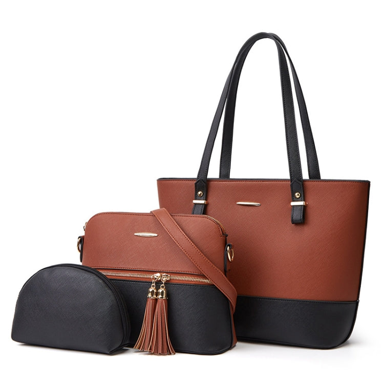 3 in 1 Fashion Simple Lady Diagonal Large Capacity Handbag Letter Bag — White + Brown