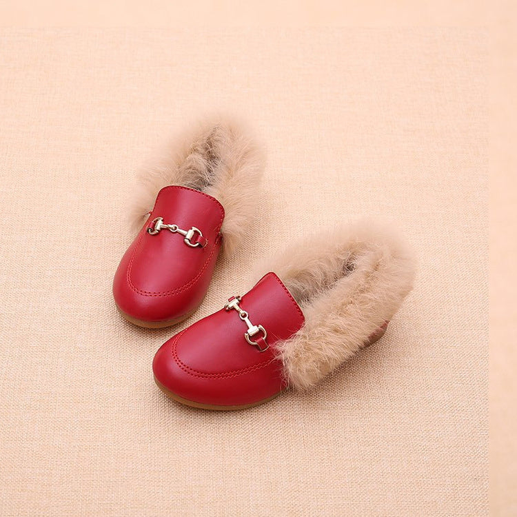 PU Leather And Cashmere Warm Single Shoes Casual Shoes for Girls
