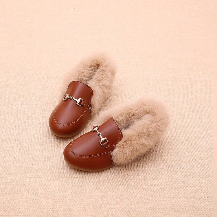 PU Leather And Cashmere Warm Single Shoes Casual Shoes for Girls
