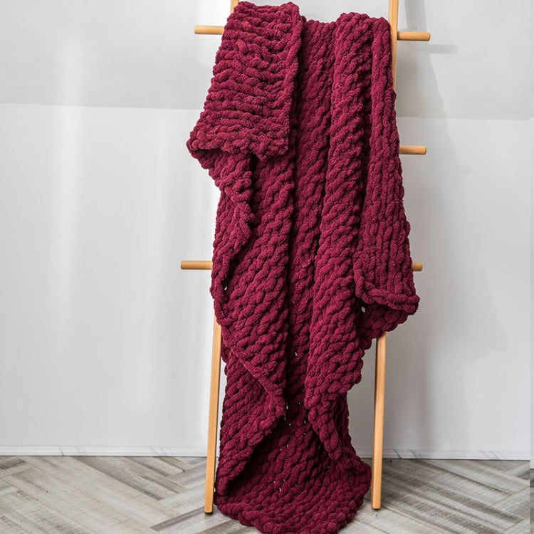 Handmade Thick Wool Knitted Blanket Sofa Chenille Stick Knitted Blanket — Wine red
