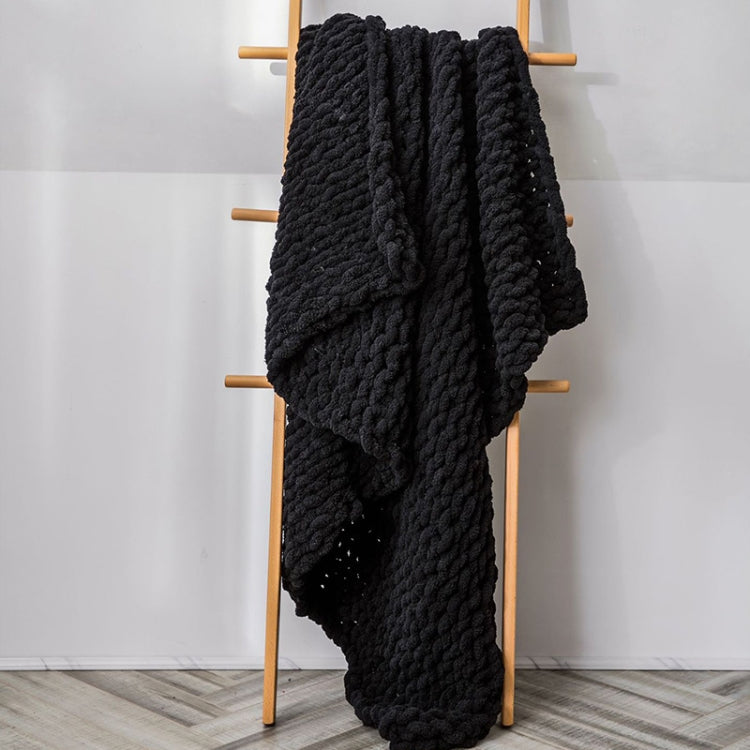 Handmade Thick Wool Knitted Blanket Sofa Chenille Stick Knitted Blanket — Black