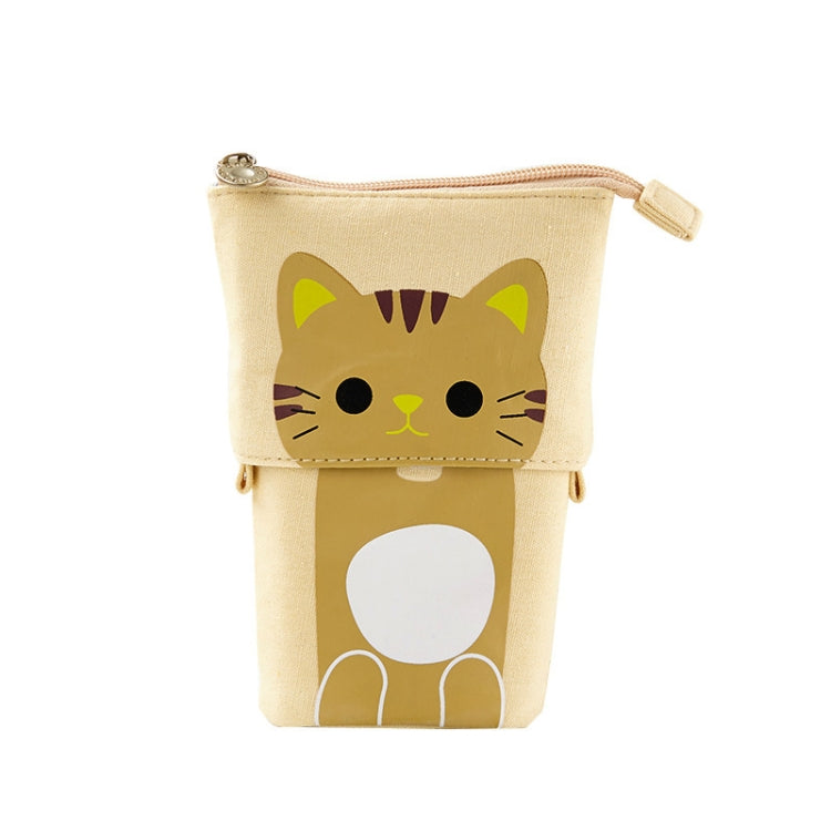 Corduroy Retractable Drop-Down Pencil Case Student Stationery Storage Bag — White Cat