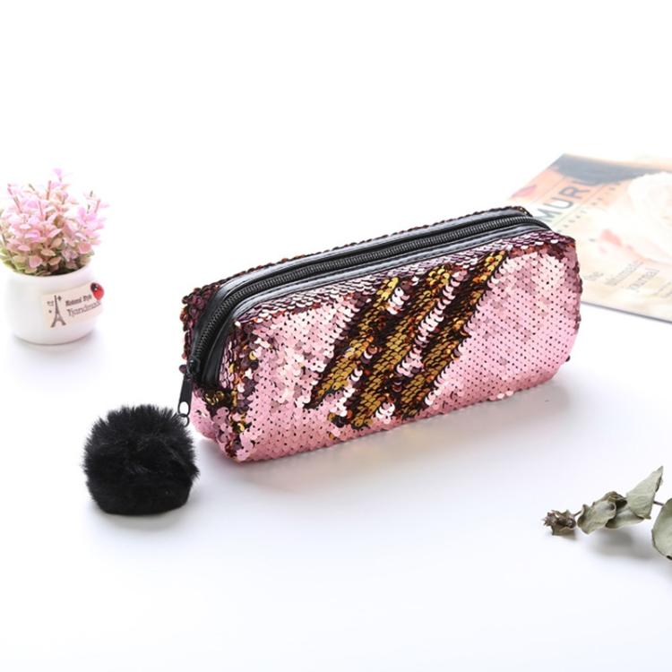 Reversible Sequin Pencil Case for Girls School Supplies Super Big Stationery Gift Magic Makeup Bag — Black+Gold