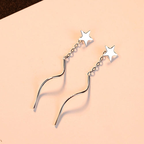 Women Pentagram Star Earrings 925 Sterling Silver Star Stud Dangle Chain Earrings