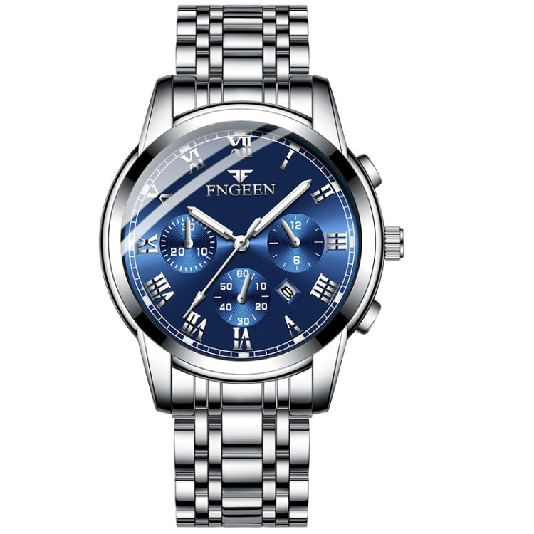 FNGEEN 4006 Men Automatic Mechanical Watch Waterproof Quartz Watch — White Steel Blue Surface