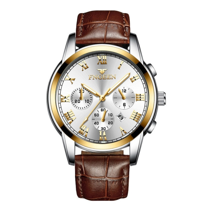 FNGEEN 4006 Men Automatic Mechanical Watch Waterproof Quartz Watch — Brown Leather Gold White Surface