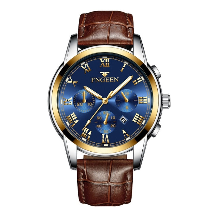 FNGEEN 4006 Men Automatic Mechanical Watch Waterproof Quartz Watch — Brown Leather Gold Blue Surface
