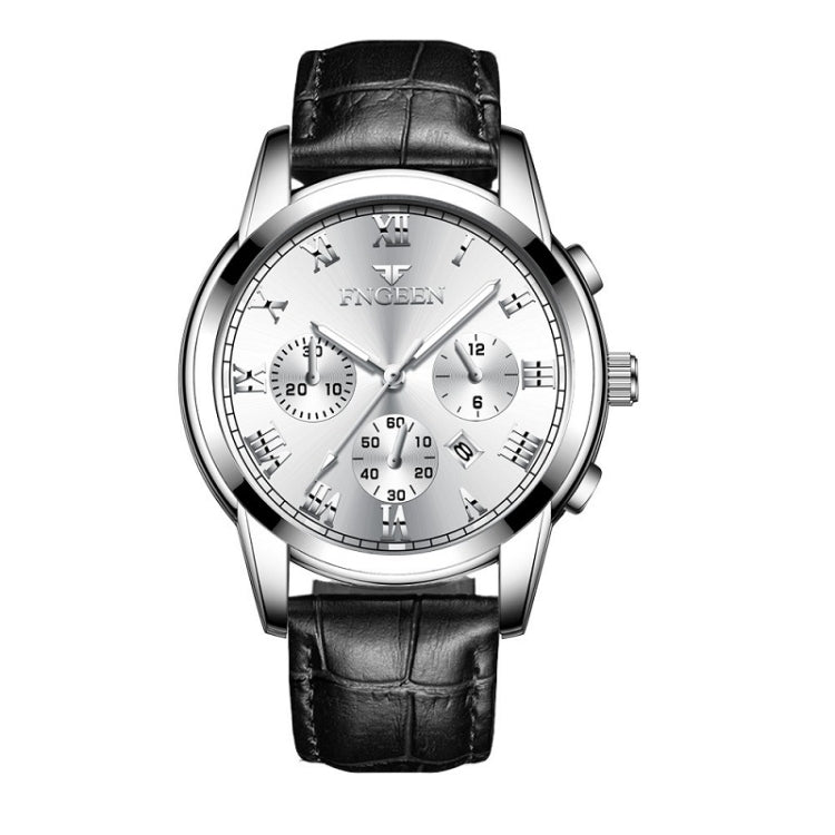 FNGEEN 4006 Men Automatic Mechanical Watch Waterproof Quartz Watch — Black Leather White Steel White Surface