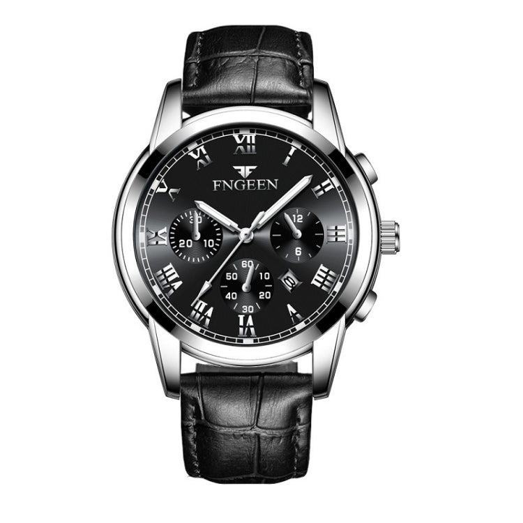 FNGEEN 4006 Men Automatic Mechanical Watch Waterproof Quartz Watch — Black Leather White Steel Black Surface