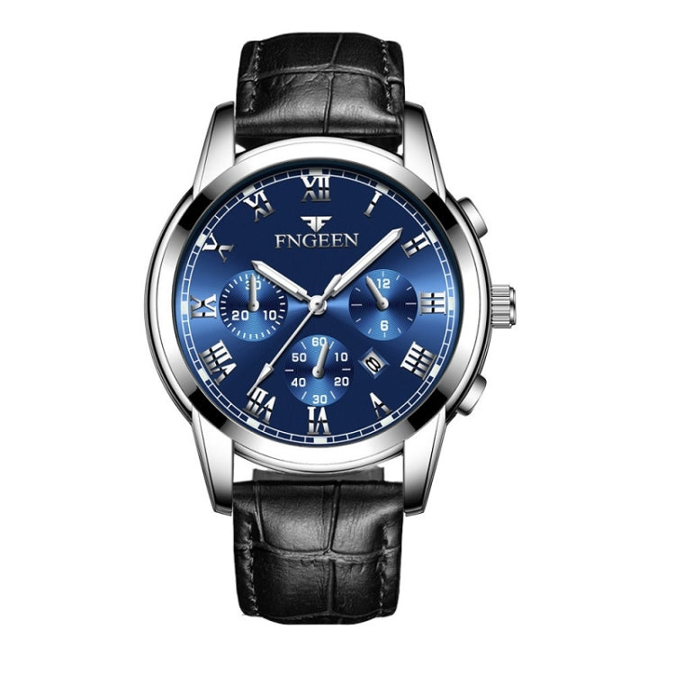FNGEEN 4006 Men Automatic Mechanical Watch Waterproof Quartz Watch — Black Leather White Steel Blue Surface