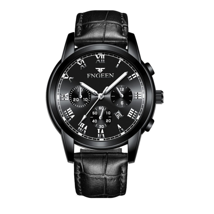 FNGEEN 4006 Men Automatic Mechanical Watch Waterproof Quartz Watch — Black Leather Black Steel Black Surface