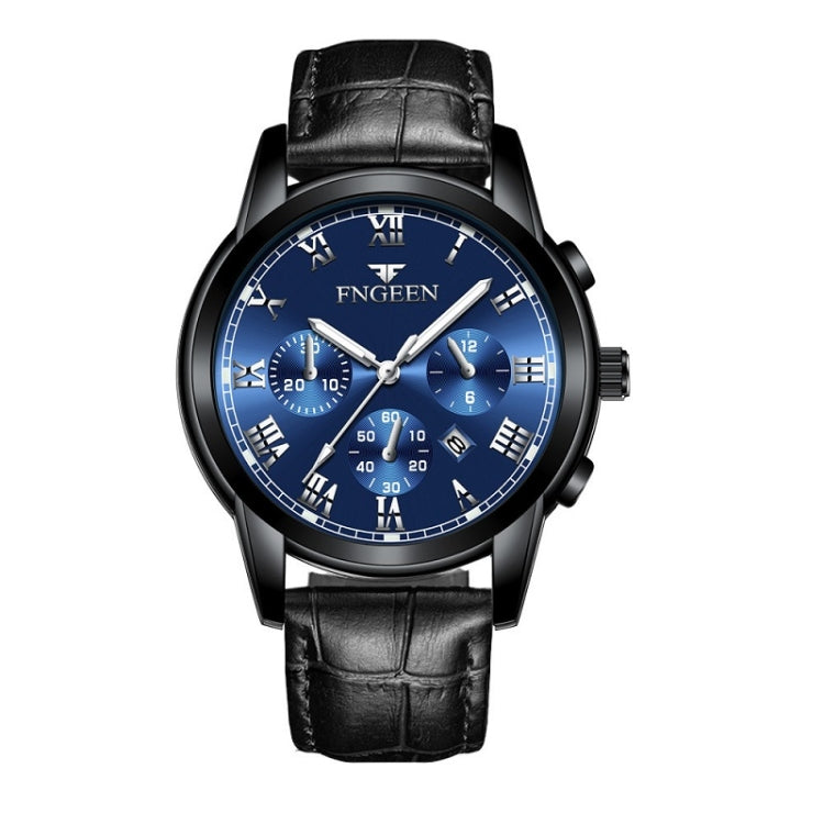 FNGEEN 4006 Men Automatic Mechanical Watch Waterproof Quartz Watch — Black Leather Black Steel Blue Surface