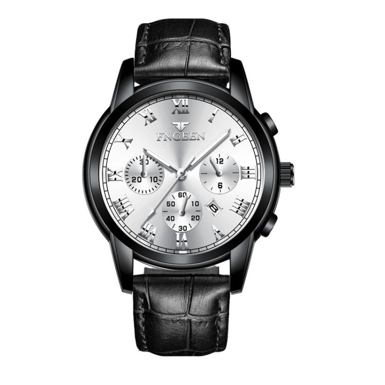 FNGEEN 4006 Men Automatic Mechanical Watch Waterproof Quartz Watch — Black Leather Black Steel White Surface