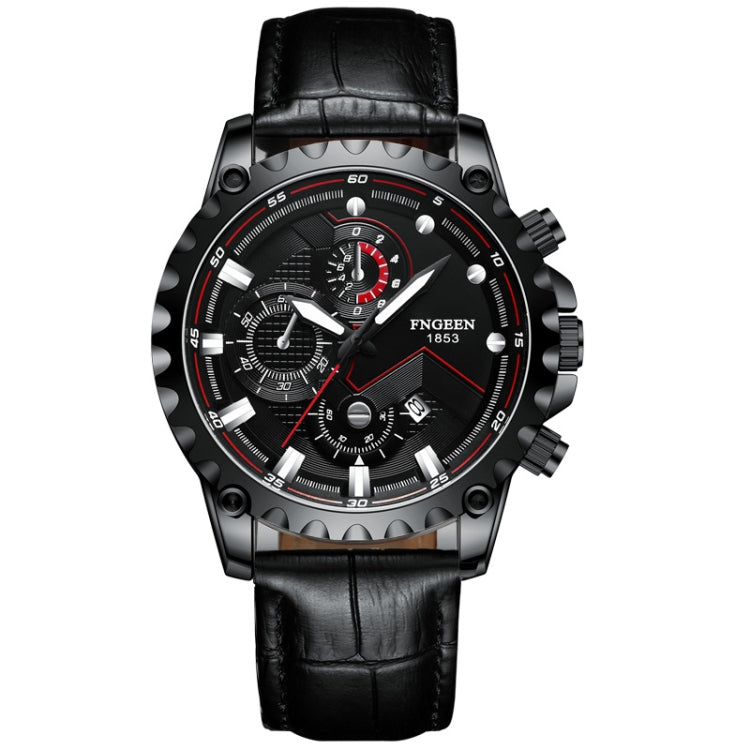 FNGEEN 5055 Men Waterproof Sports Fashion Stainless Steel Watch — Black Leather Black Steel Black Surface
