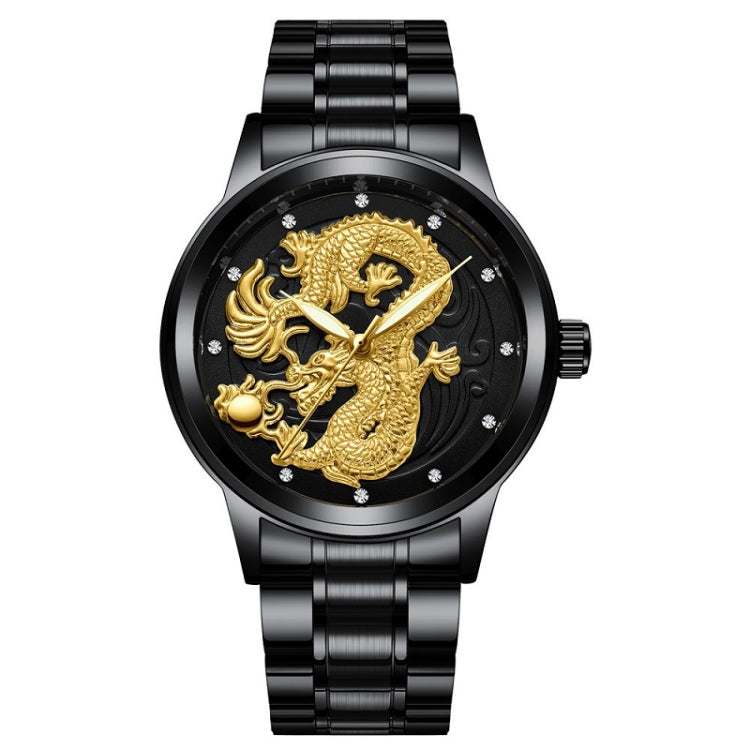 FNGEEN S666 Waterproof Luminous Non-Mechanical Watch Quartz Ultra-Thin Dragon Or Phoenix Pattern Couple Watch — (Dragon) Black Steel Black Face
