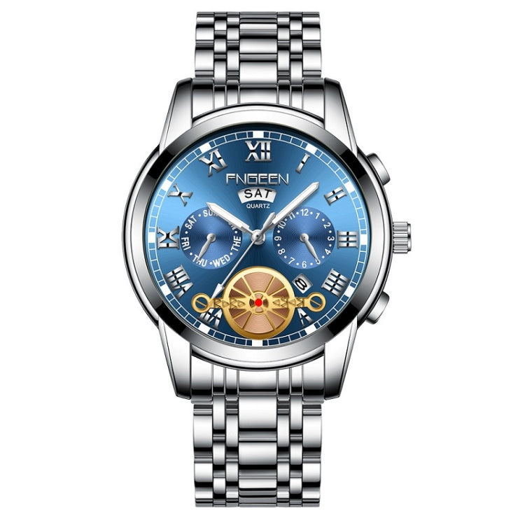 FNGEEN 4001 Men Non-Mechanical Watch Multi-Function Quartz Watch — White Steel Blue Surface