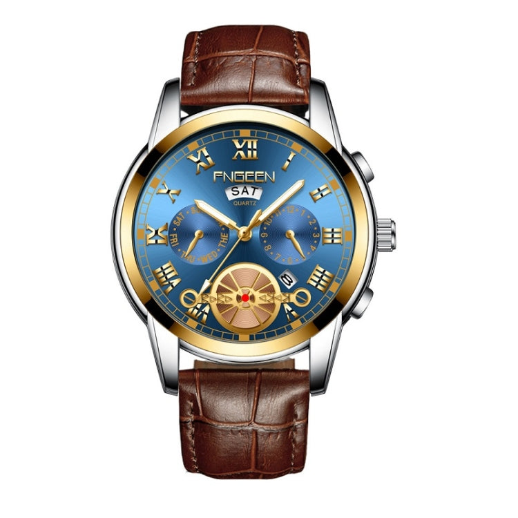 FNGEEN 4001 Men Non-Mechanical Watch Multi-Function Quartz Watch — Brown Leather Gold Blue Surface