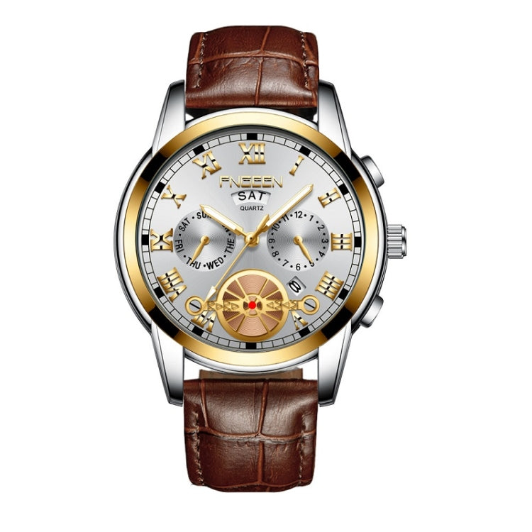 FNGEEN 4001 Men Non-Mechanical Watch Multi-Function Quartz Watch — Brown leather Gold White Surface