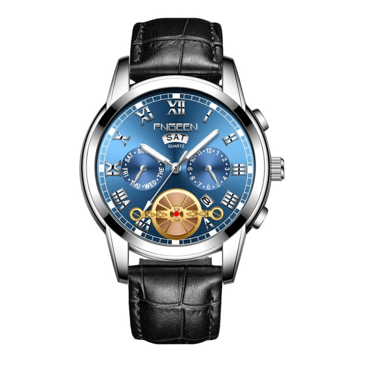 FNGEEN 4001 Men Non-Mechanical Watch Multi-Function Quartz Watch — Black Leather White Steel Blue Surface