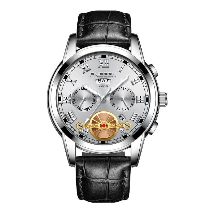 FNGEEN 4001 Men Non-Mechanical Watch Multi-Function Quartz Watch — Black Leather White Steel White Surface