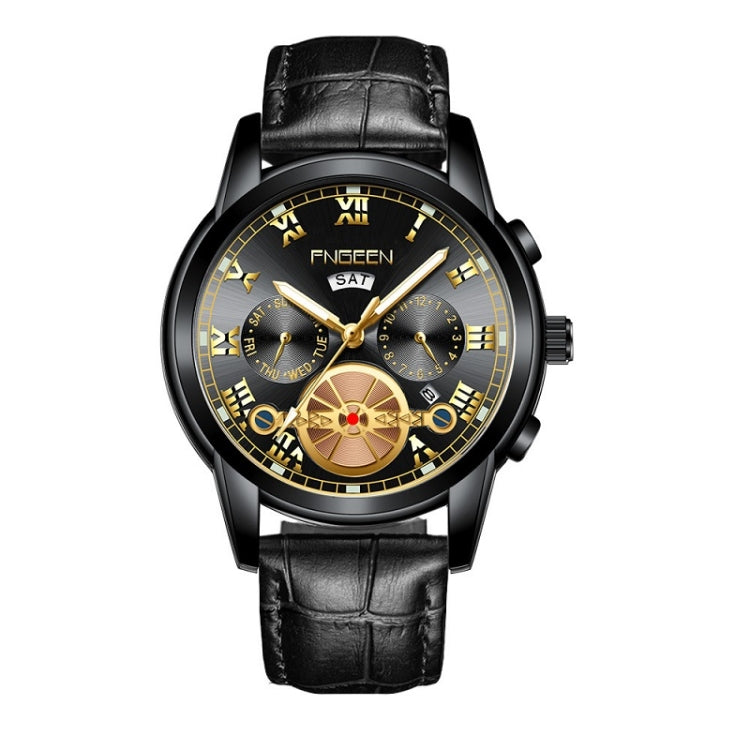 FNGEEN 4001 Men Non-Mechanical Watch Multi-Function Quartz Watch — Black Leather Black Steel Black Surface