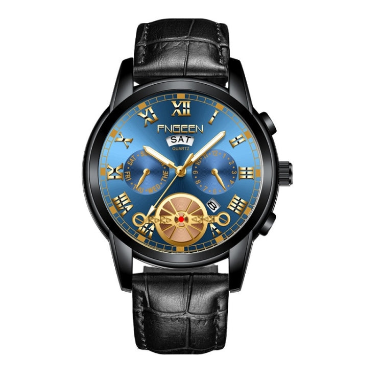 FNGEEN 4001 Men Non-Mechanical Watch Multi-Function Quartz Watch — Black Leather Black Steel Blue Surface