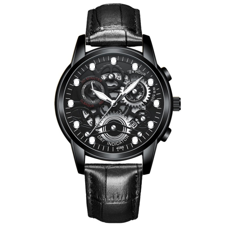 FNGEEN 4088 Men Hollow Quartz Watch Student Waterproof Luminous Watch — All Black Surface White Nails