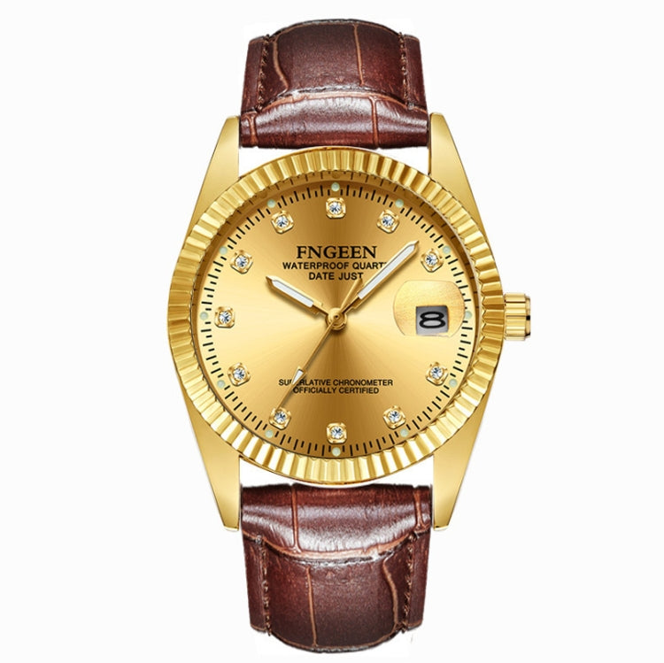 FNGEEN 7008 Men Fashion Diamond Dial Watch Couple Watch — Brown Leather Full Gold Surface