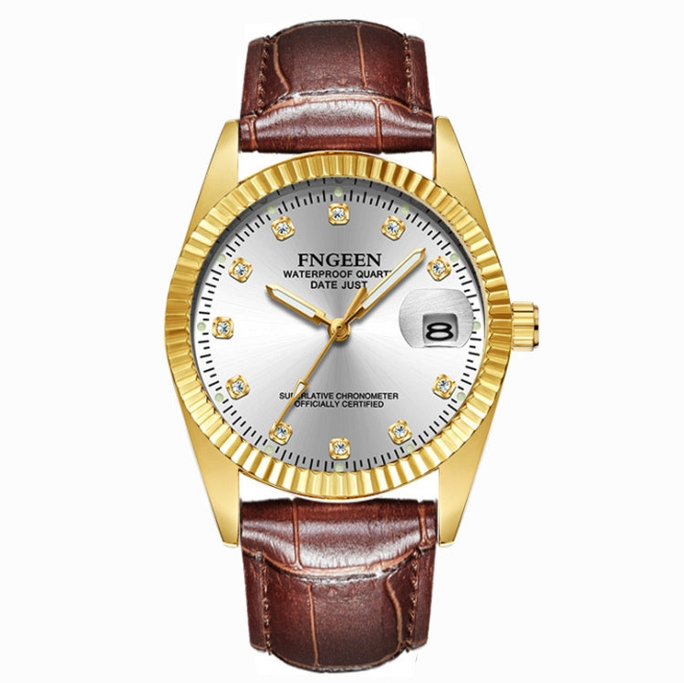 FNGEEN 7008 Men Fashion Diamond Dial Watch Couple Watch — Brown Leather Full Gold White Surface