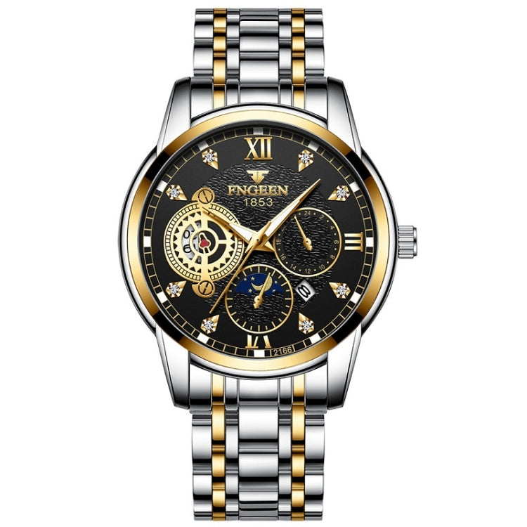 FNGEEN 2166 Men Three-eye Hollow Quartz Watch Student Sports Electronic Watch — Between Gold Black Surface