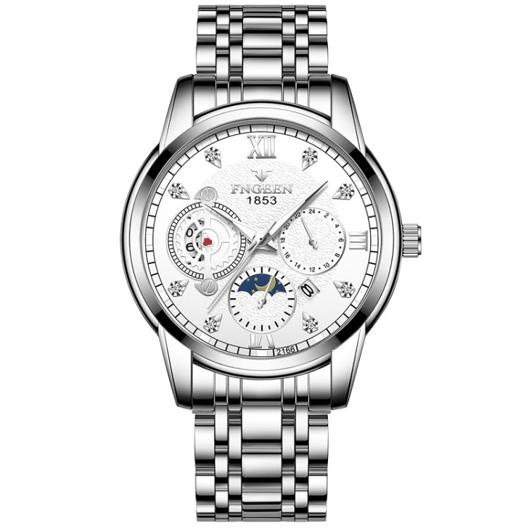 FNGEEN 2166 Men Three-eye Hollow Quartz Watch Student Sports Electronic Watch — White Steel White Surface