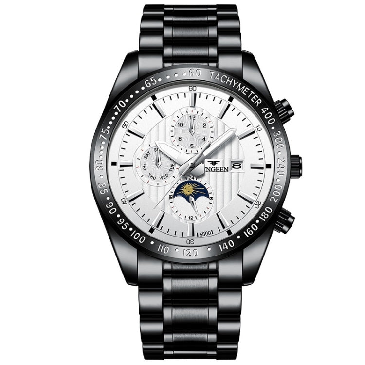 FNGEEN 5800 Men Three Eyes and Six Pins Watch Student Quartz Watch — Black Steel White Surface