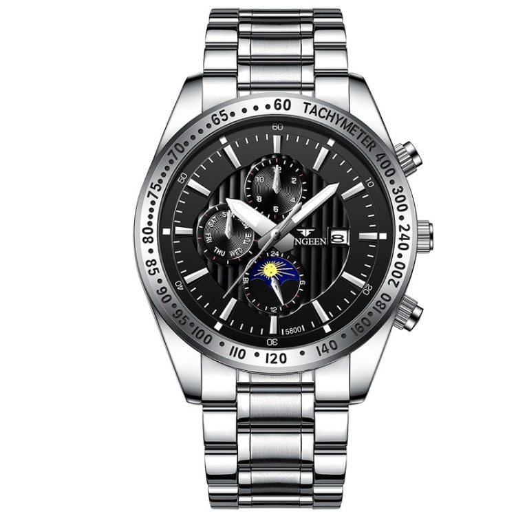 FNGEEN 5800 Men Three Eyes and Six Pins Watch Student Quartz Watch — White Steel Black Surface