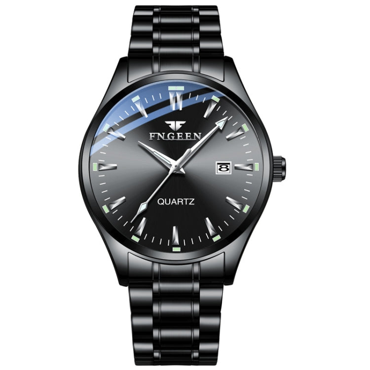 FNGEEN 2111 Men Simple Luminous Calendar Quartz Watch — Black Steel Black Surface