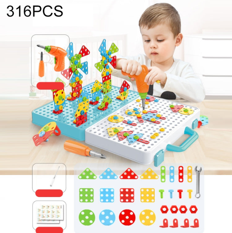 Children Screw-Tightening Electric Drill Toy Manual Assembly Toolbox, Style: — 3D + Electric Drill (316 PCS)