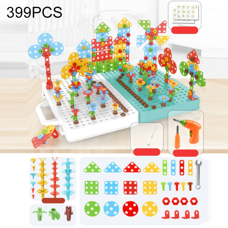 Children Screw-Tightening Electric Drill Toy Manual Assembly Toolbox, Style: — 3D + Electric Drill (399 PCS)