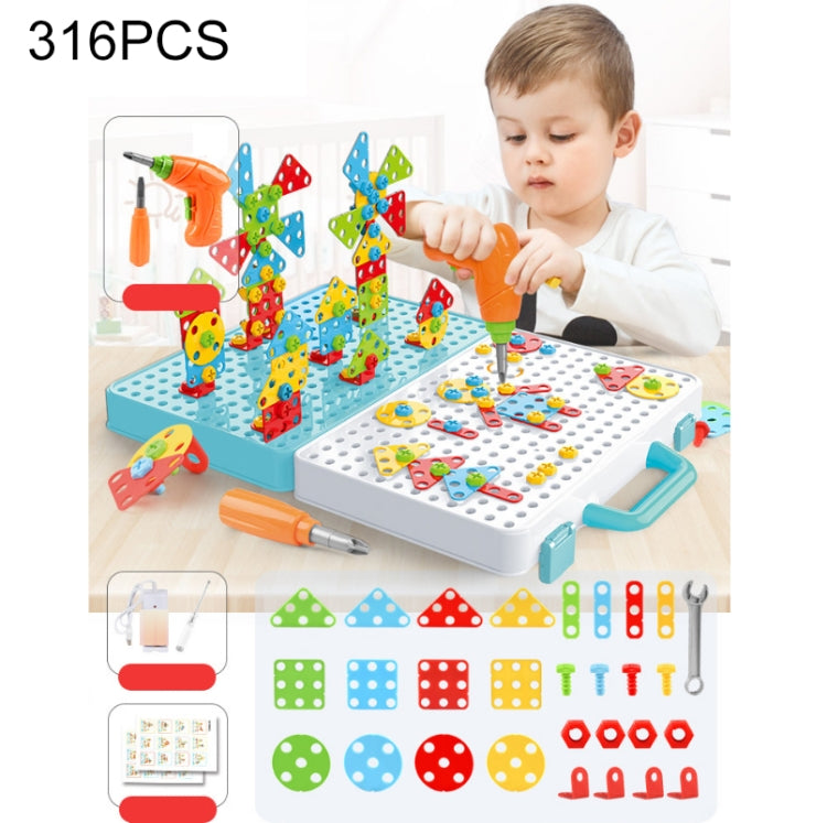 Children Screw-Tightening Electric Drill Toy Manual Assembly Toolbox, Style: — 3D + Eectric Drill + Charger (316 PCS)