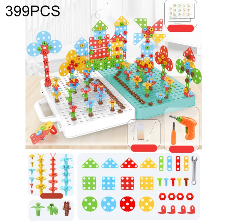 Children Screw-Tightening Electric Drill Toy Manual Assembly Toolbox, Style: — 3D + Electric Drill + Charger (399PCS)